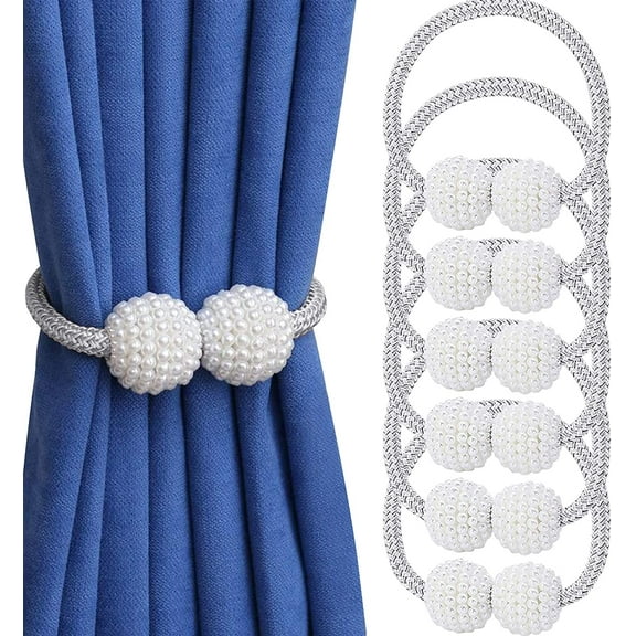 Magnetic Curtain Tiebacks Convenient Drape Tie Backs (6 Pack) - Pearl Decorative Rope Holdback Holder for Home, Office, Hotel Window Decoration, Pretty and Fashion (Grey)