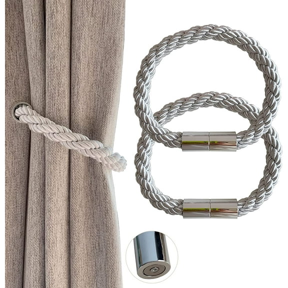 Magnetic Curtain Tiebacks Decorative Window Drapery Holdbacks, 2 Pack Window Drape Weave Tie Back Holders for Blackout Sheer Window Treatment (White, 20Inch)