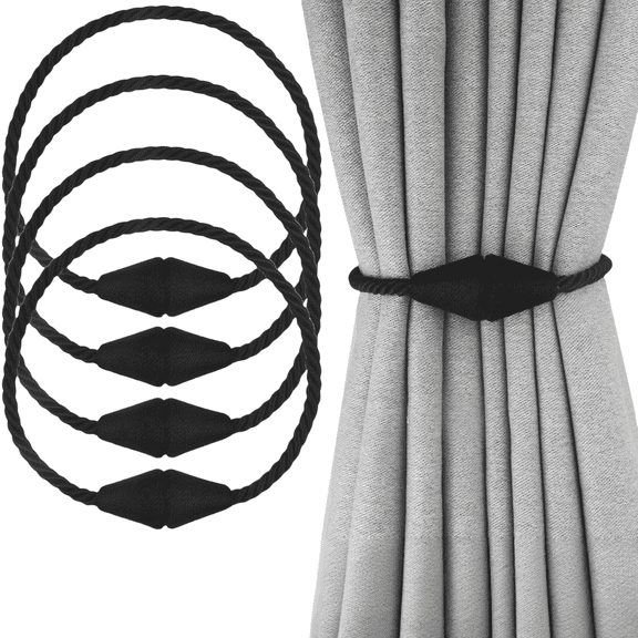 Magnetic Curtain Tiebacks Holdbacks 4 Pack, No Drill Needed Modern Weave Design for Living Room Bedroom Windows, Black