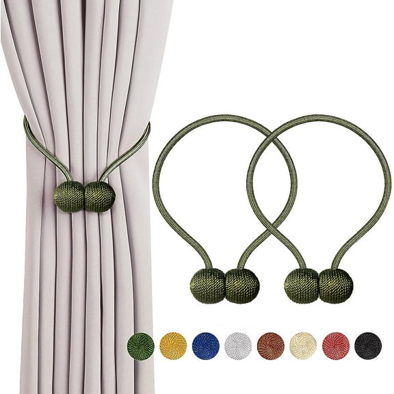 Magnetic Curtain Tiebacks,Modern Curtain Holdbacks Drape Tie Backs Buckles Weave Ropes Holders for Window Draperies (2 Pack, Green)