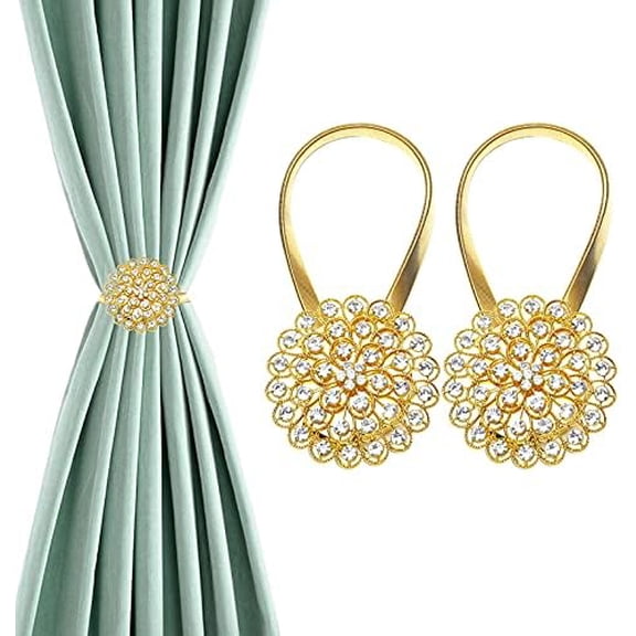 Magnetic Curtain Tiebacks, Window Curtain Clips with Stretchy Metal Rope for Home Office, Outdoor Decor Curtain Holder Holdbacks, 2 Pack Window Drape Holdbacks, Gold Diamond Flower
