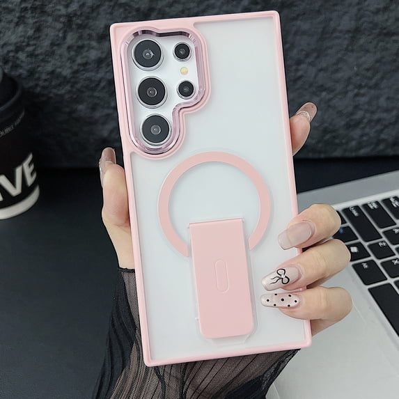 Magnetic Designed Case for Samsung Galaxy S24 Ultra with Hidden Kickstand, Compatible with MagSafe, Grade Drop Tested Shockproof Clear Slim Lens Plating Protective Case for Galaxy S24 Ultra,Pink