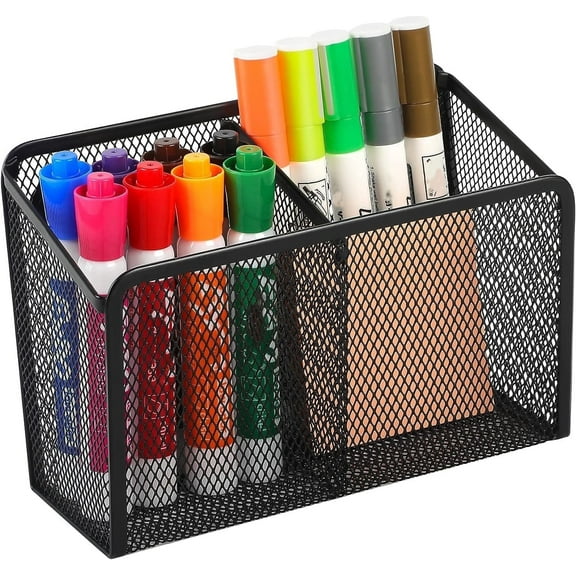Magnetic Desk Organizer, Metal Mesh Pen Cup Holder Office Supplies Locker Organizers with 2 Compartments ,Strong Magnet Storage Bin Basket Storage for Home Office,Black