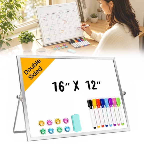 Magnetic Desktop Whiteboard with Stand, 16" x 12" Portable Double-Sided Dry Erase Board with Stand, for Adults Drawing Desk School to Do List