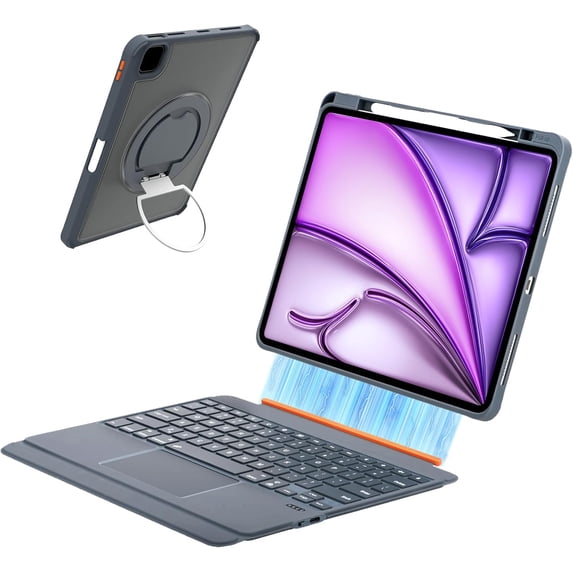 Magnetic Detachable Keyboard Case for iPad Pro 12.9" / iPad Air 13", Backlit Trackpad, Pencil Holder, 360° Rotatable Kickstand,Gray