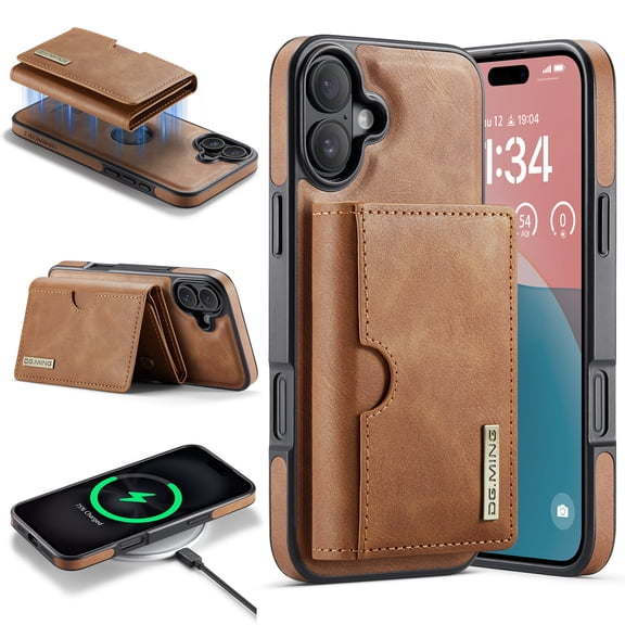 Magnetic Detachable Wallet Case For iPhone 16, Compatible with Mag Safe, 2-in-1 PU Leather Back Folio Kickstand Flip Cover with Multi-Card Slots [RFID Blocking] Slim Case,Brown