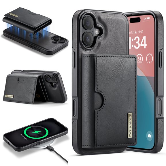 Magnetic Detachable Wallet Case For iPhone 16, Compatible with Mag Safe, 2-in-1 PU Leather Back Folio Kickstand Flip Cover with Multi-Card Slots [RFID Blocking] Slim Case,Black