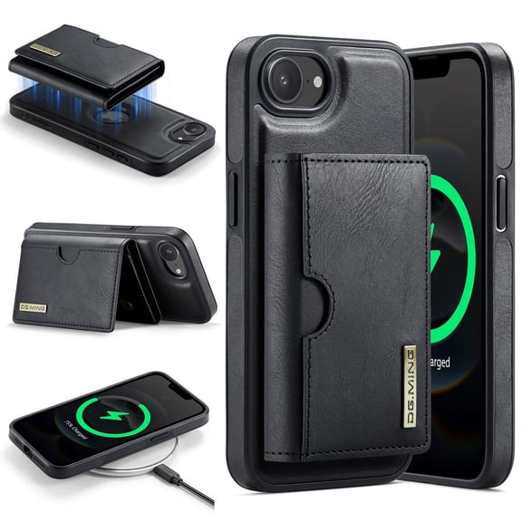 Magnetic Detachable Wallet Case For iPhone 16e/17e, Compatible with Mag Safe, 2-in-1 PU Leather Back Folio Kickstand Flip Cover with Multi-Card Slots [RFID Blocking] Slim Case,Black