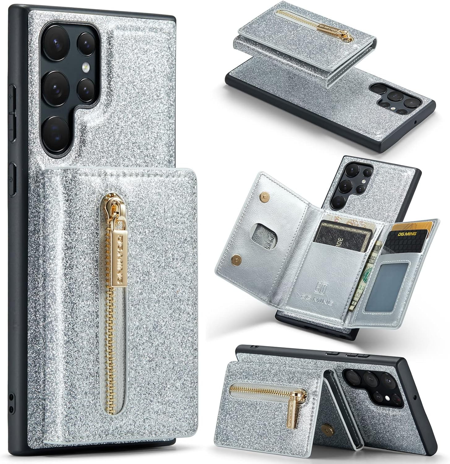 Detachable Wallet Leather Stand Shiny Phone Case For Samsung