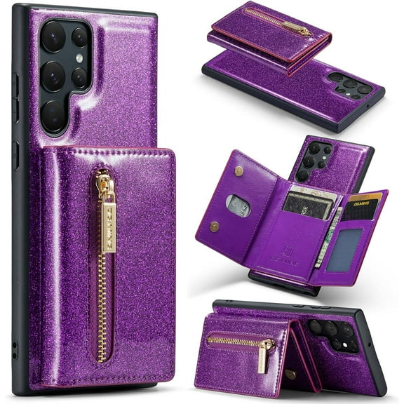 Magnetic Detachable Wallet Leather Stand Shiny Phone Case for Samsung Galaxy S23 S22 S21 Note 20 Series Ultra Pro Plus FE Back Cover, Card Holder Shockproof Bracket Fashion Bumper