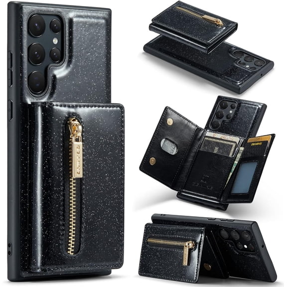 Magnetic Detachable Wallet Leather Stand Shiny Phone Case For Samsung Galaxy S23 S22 S21 Note 20 Series Ultra Pro Plus FE Back Cover, Card Holder Shockproof Bracket Fashion Bumper(Black,S21 Plus)