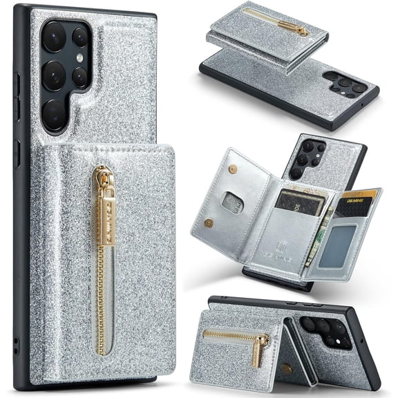 Magnetic Detachable Wallet Leather Stand Shiny Phone Case For Samsung Galaxy S23 S22 S21 Note 20 Series Ultra Pro Plus FE Back Cover, Card Holder Shockproof Bracket Fashion Bumper(Silver,Note 20)