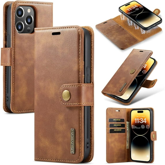 Magnetic Detachable Wallet Stand Leather Phone Case for iPhone 14 13 12 11 Pro Max Plus Mini, Business Coin Purse Shell, Unique Card Holder Back Cover(Brown,14 Plus)
