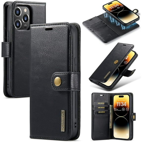 Magnetic Detachable Wallet Stand Leather Phone Case for iPhone Case Pro Max/Pro/Plus 15, Business Coin Purse Shell, Unique Card Holder Back Cover Black