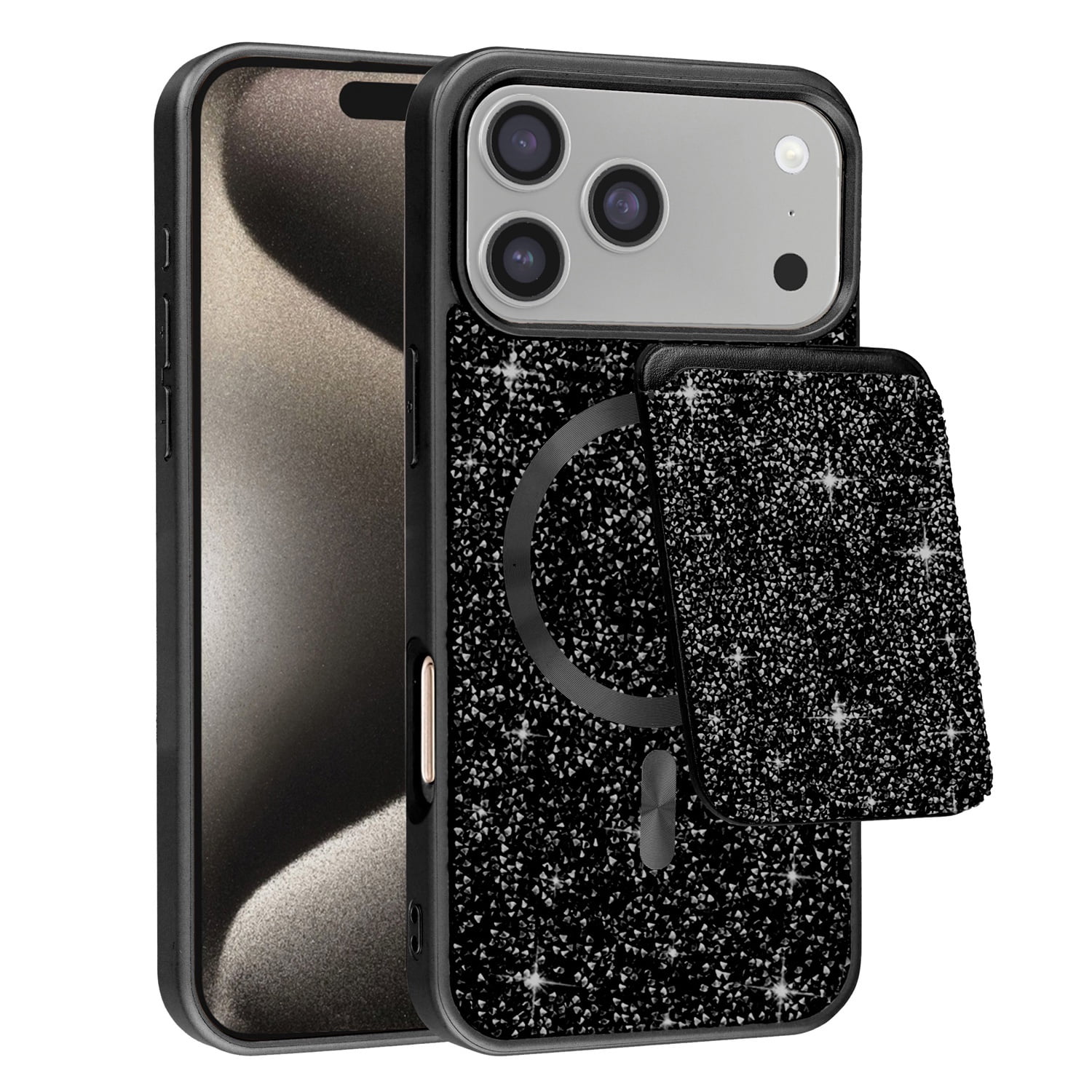 Magnetic Diamond Dual Layer Protection Case with Magnetic Card Slot for iPhone 17 Pro Max - Black
