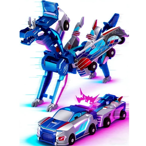 Magnetic Dinosaur Car Toy - 2 in 1 Crash & Transform Vehicle to Dino, No Battery Needed for Kids Age 3-12, Birthday Gift (Blue Dragon)