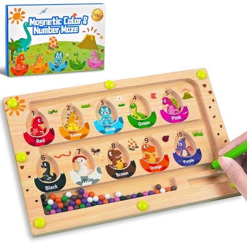 Magnetic Dinosaur Eggs Maze - Travel Wooden Montessori Toy for Fine Motor Skills,Color Sorting & Counting | Educational Sensory Board Magnetic Puzzles | Learning Activities for Toddler kid (Small)
