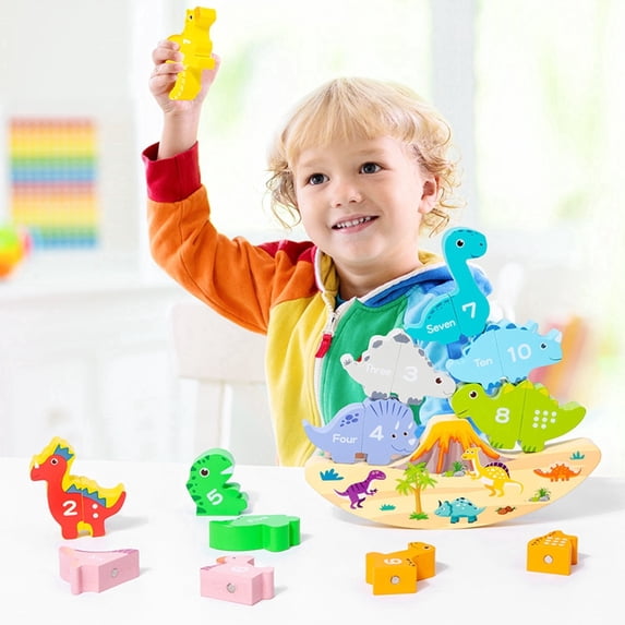 Meponn Magnetic Dinosaur Stacking Toy Wooden Balance Blocks Number Recognition Puzzle Educational 11 Pieces for Toddlers 3+