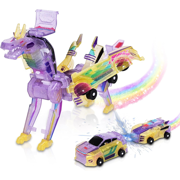 Magnetic Dinosaur Transformer Car Toy, 2-in-1 Collision Transforming Vehicle to Unicorn Dragon Robot, STEM Gift for Boys Girls Ages 3-12