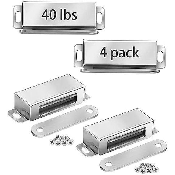 Magnetic Door Catch 40 lbs Pull Strong Magnet Cabinet Latches Magnetic Hardware Stainless Steel Chrome Door Closer for Bathroom Kitchen Sliding Door Window Cupboard (4 Pack-Strength 20KG)
