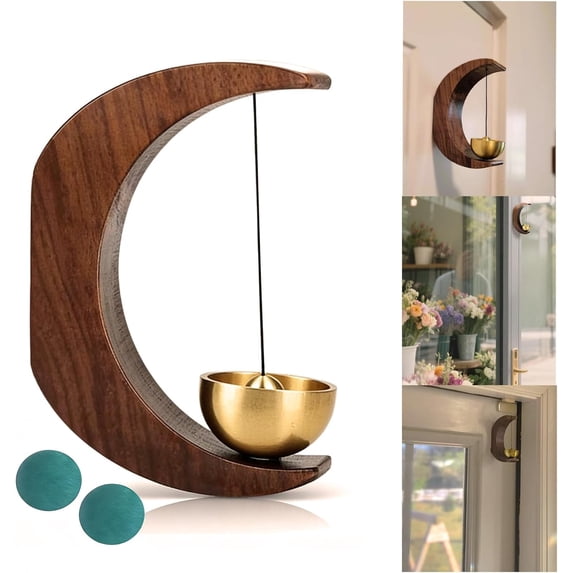 Magnetic Door Chime, Moon-Shaped Wooden Doorbell for Home & Business, Hand-Tuned Solid Brass Entry Alert Door Bell, Varnished Walnut Shopkeepers Door Bell Chime, Housewarming Gift