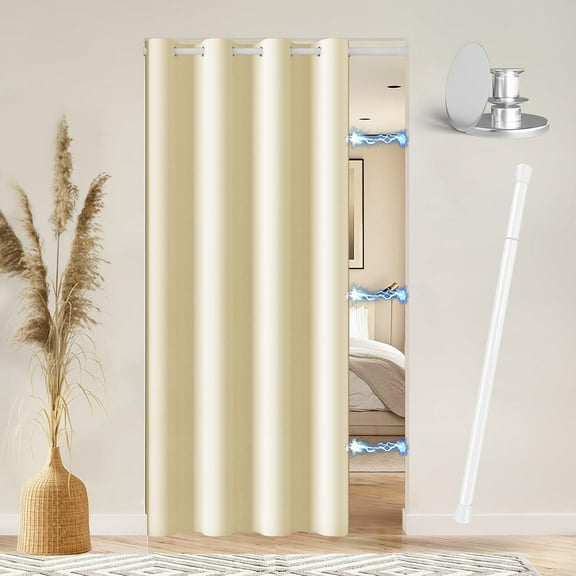 Magnetic Door Curtain with Rod - W52 x L78, 1 Panel, Light Beige, Door Curtain for Doorways, Room Divider for Laundry