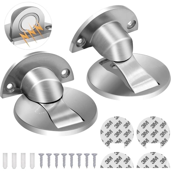 KOLAKO Magnetic Door Stops, Self-Adhesive Door Stoppers Invisible Metal, Magnet Door Holder No Drilling, Floor Mounted Doorstop, Silver, 2 Pack