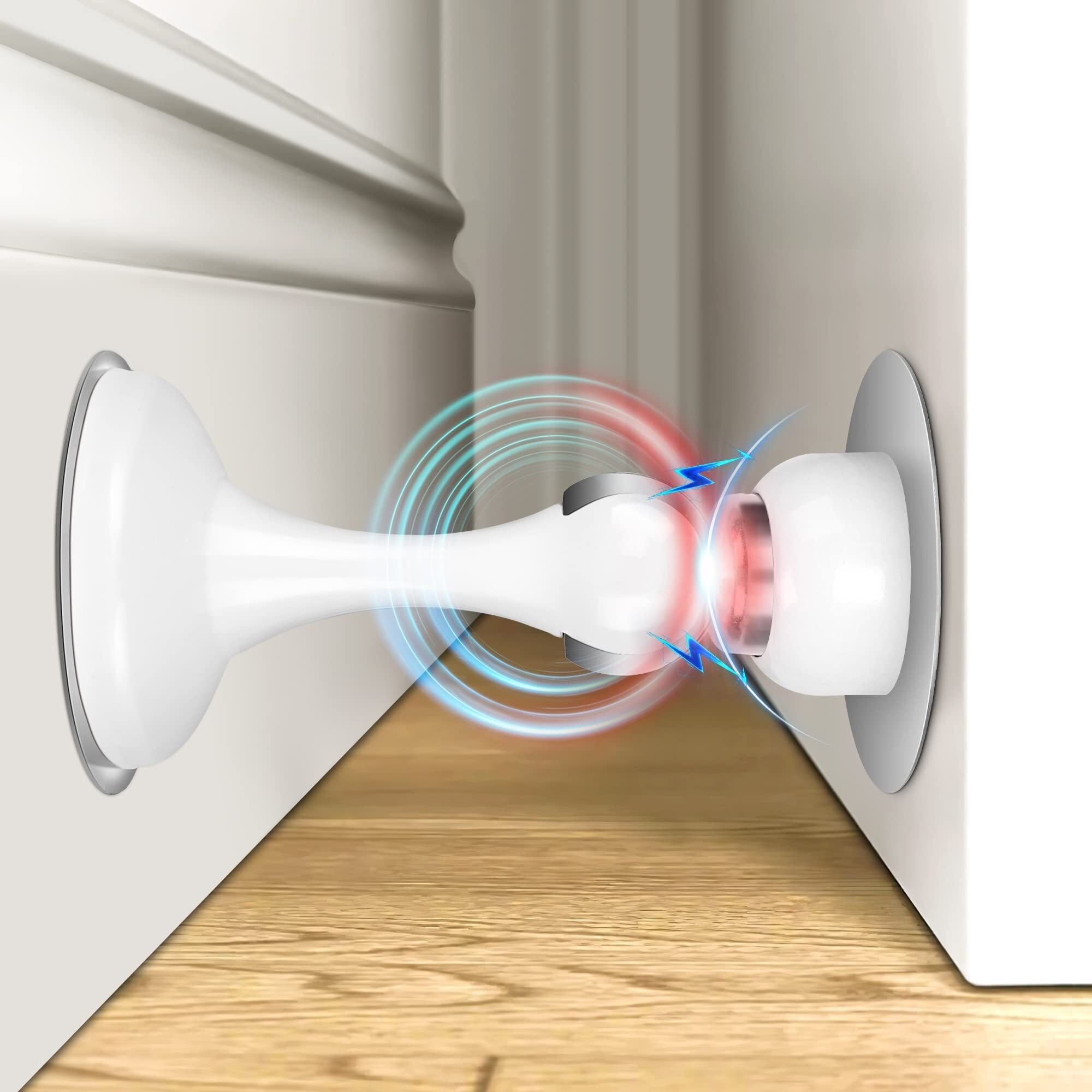 Magnetic Door Stoppers 2-Pack - No Drill Adhesive Wall & Floor Mount Door Holder White & Blue