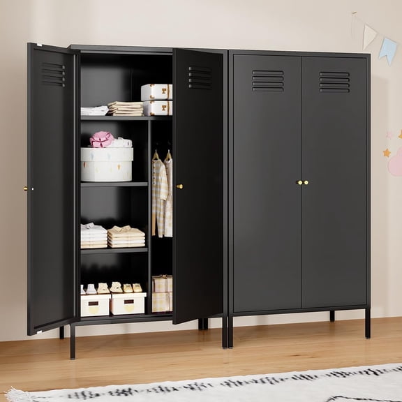 Magnetic Door Storage Cabinet, 57" Heavy-Duty Metal Wardrobe with Hanging Rod & Shelves, Easy Assembly Steel Locker for Garage, Bedroom, Office, Black