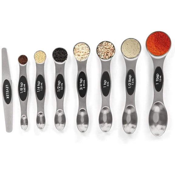 Magnetic Double Head Stainless Steel Measuring Spoons Set with Leveler, 7 Sizes US Standard Markings Stackable Metal Teaspoon Tablespoon for Baking Spices Dry & Liquid Ingredients, First Apartment Ki