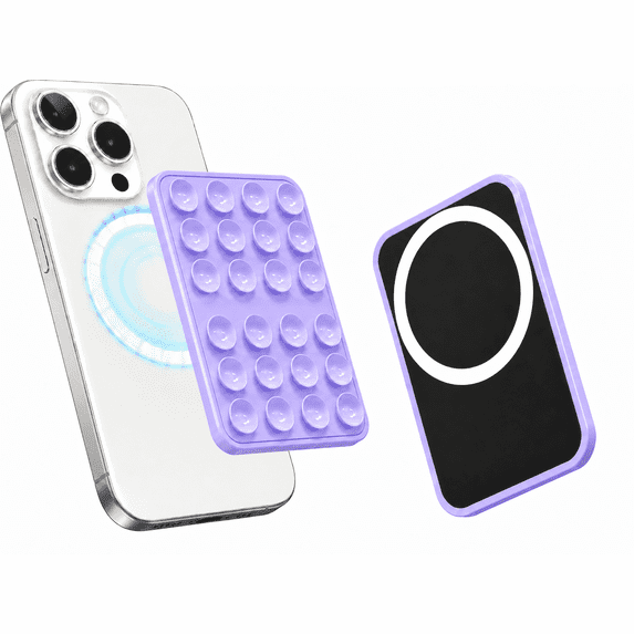 Magnetic Double-Sided Suction Cup Phone Case, Detachable Mount Stand, High-Suction Phone Grip for iPhone & Android, Hands-Free Selfie/Video for TikTok Creator/Influencer, Purple