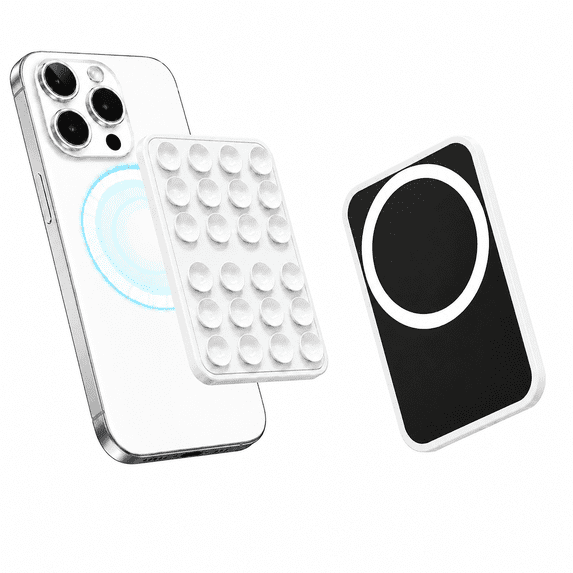 Magnetic Double-Sided Suction Cup Phone Case, Detachable Mount Stand, High-Suction Phone Grip for iPhone & Android, Hands-Free Selfie/Video for TikTok Creator/Influencer, White
