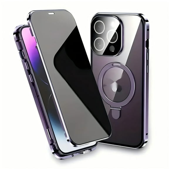 Magnetic Double-Sided Glass Privacy Phone Case Compatible with for iPhone 12, 13, 14, 15 and 16 Pro Max Plus with Security Lock, Comes with Kickstand and Camera Lens Protection.
