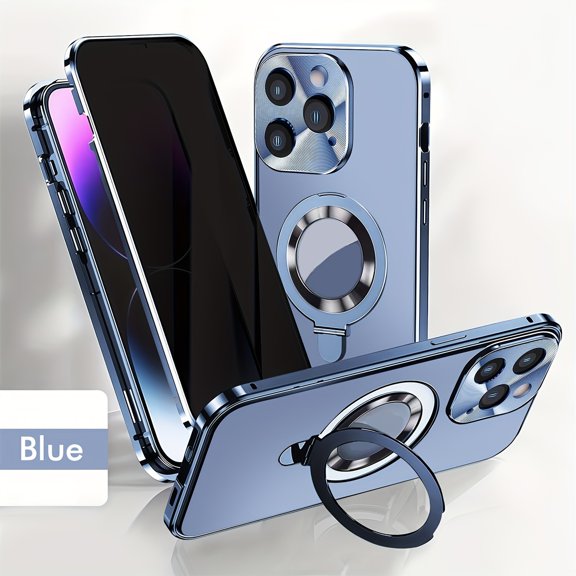 Magnetic Double-Sided Glass Privacy Phone Case for iPhone 12, 13, 14, 15, and 16 Pro Max Plus, featuring a security lock, compatibility, stand, and camera lens protection.