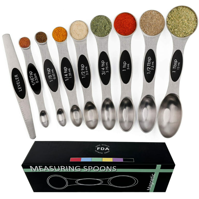 Magnetic Double Sided Measuring Spoons Set, 9 Pieces Stainless Steel 18/8  Teaspoon Measuring Spoons Set Stackable Fits in Spice Jars or Liquid, Black  