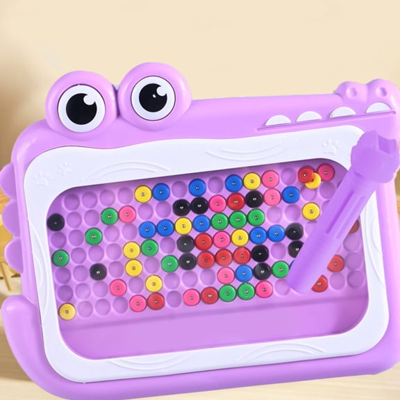 Magnetic Drawing Board for Kids, Dinosaur Themed Puzzle Toy with Magnetic Pen and Color Beads, Green Pink Purple Colors