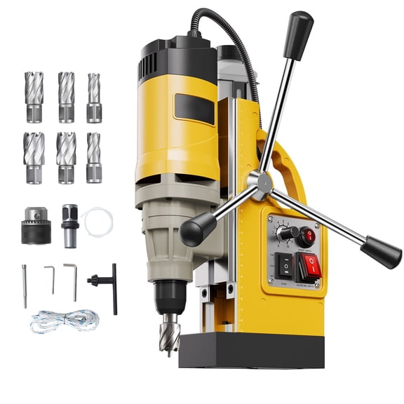 Magnetic Drill, 1450W Motor 2 in Boring Diameter, 2878 lbf Electric Mag Drill Press, with 6 Coring Bits, Variable Speed, Drilling Machine for Metal Surface, Home Improvement Industry, Yellow