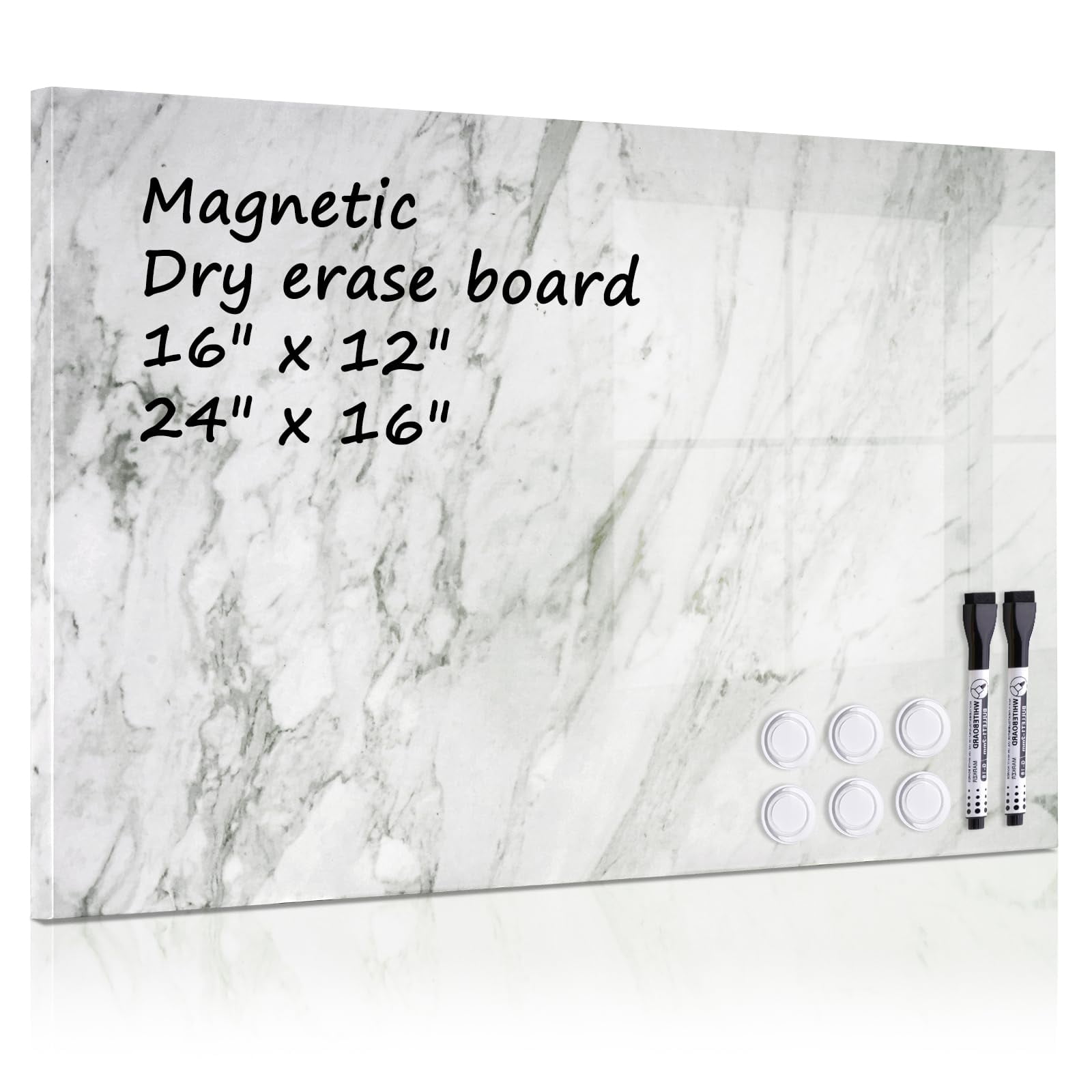 Magnetic Dry Erase Board 16"x12" Decorative White Board for Wall with White Marble Pattern Design White Board for Home Office Decor, Bedroom, Kitchen, Classroom Includes 6 Magnets and 2 Markers