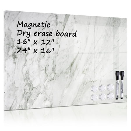 Magnetic Dry Erase Board 16"x12" Decorative White Board for Wall with White Marble Pattern Design White Board for Home Office Decor, Bedroom, Kitchen, Classroom Includes 6 Magnets and 2 Markers