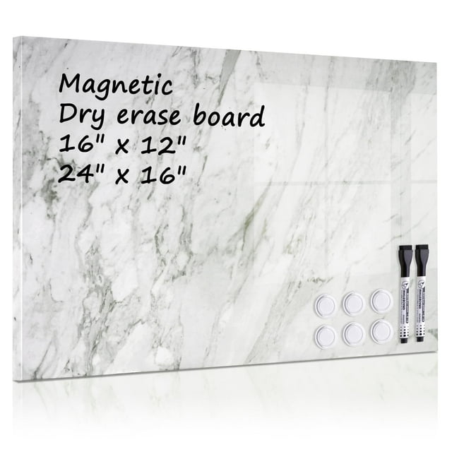 Magnetic Dry Erase Board 16"x12" Decorative White Board for Wall with White Marble Pattern Design White Board for Home Office Decor, Bedroom, Kitchen, Classroom Includes 6 Magnets and 2 Markers