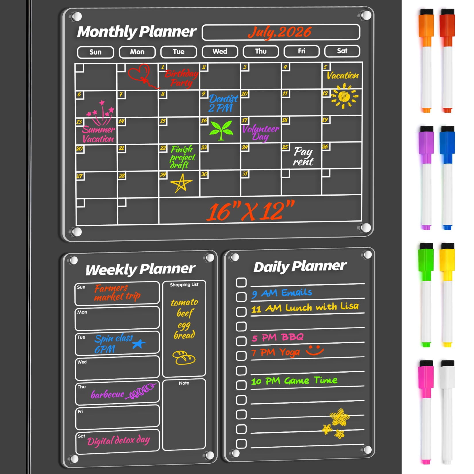 Magnetic Dry Erase Board For Fridge  16"x12" Calendar Refrigerator Shopping List Clear Notepad Note Adults With 8 Colors Markers