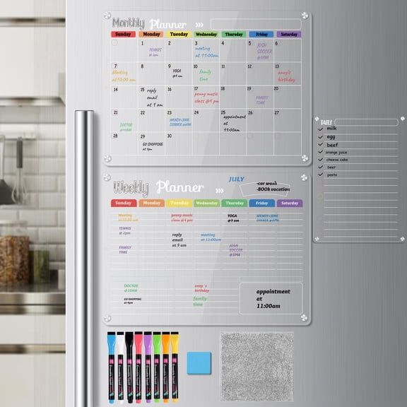 Magnetic Dry Erase Calendar Board for Refrigerator, Clear 2-Pack Acrylic Planner Board for Refrigerator, Reusable Whiteboard, Includes 6 Markers, 3 Colors
