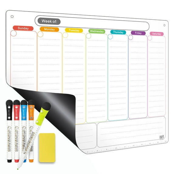 Magnetic Dry Erase Calendar for Refrigerator Weekly Fridge Whiteboard Planner-Extra Thick Magnet, 5 Dry Erase Markers & Eraser | Without Lines