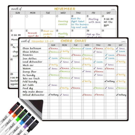 Magnetic Dry Erase Chore Chart and Monthly Planner Whiteboard Bundle for Fridge-Chore Chart for Multiple Kids, Monthly Calendar, Behavior Chart Kids Multiple Kids,Reward Chart, 6 Markers Included!