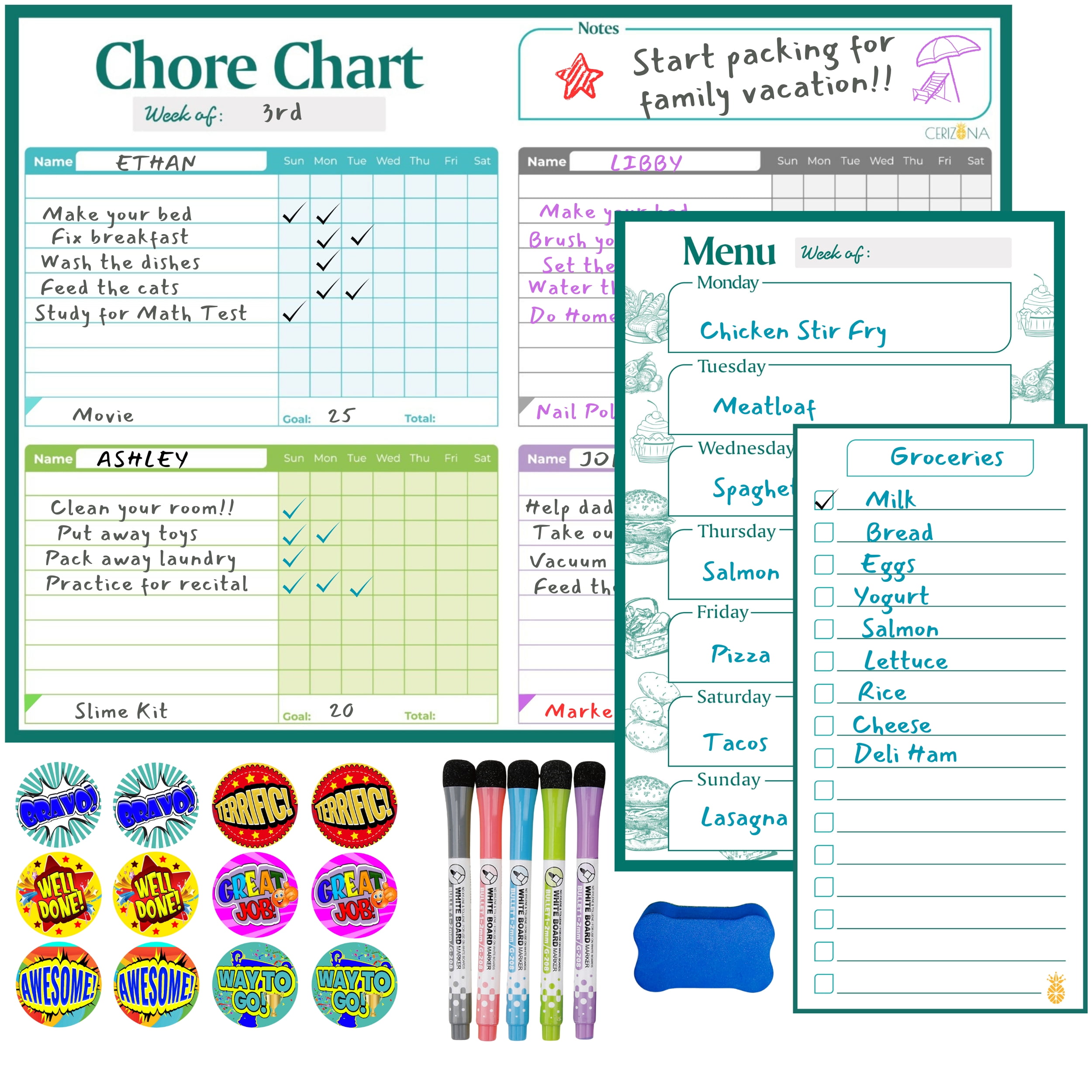 Magnetic Dry Erase Chore Chart for Refrigerator 15"x11", Two Bonus Boards - Grocery List & Meal Planning Board, 5 Dry Erase Markers, 12 Reward Icons, Chores List for Multiple Kids, Teens & Adults