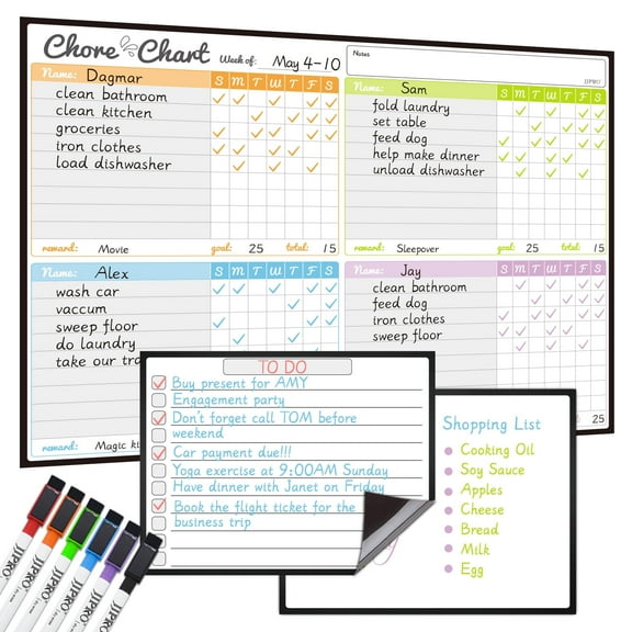 Magnetic Dry Erase Chore Chart Set for Fridge-Used for Multiple Kids-One Chore Chart and Two Bonus Dry Erase Pad/Grocery Boards-Behavior Chart for Multiple Kids-6 Extra Fine Tips Markers Included!