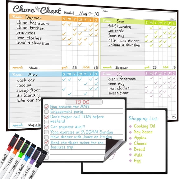 Magnetic Dry Erase Chore Chart Set for Fridge-Used for Multiple Kids-One Chore Chart and Two Bonus Dry Erase Pad/Grocery Boards-Behavior Chart for Multiple Kids