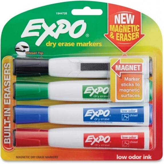 Magnetic Dry Erase Marker Chisel Tip, Assorted Colors - 4 Per Pack