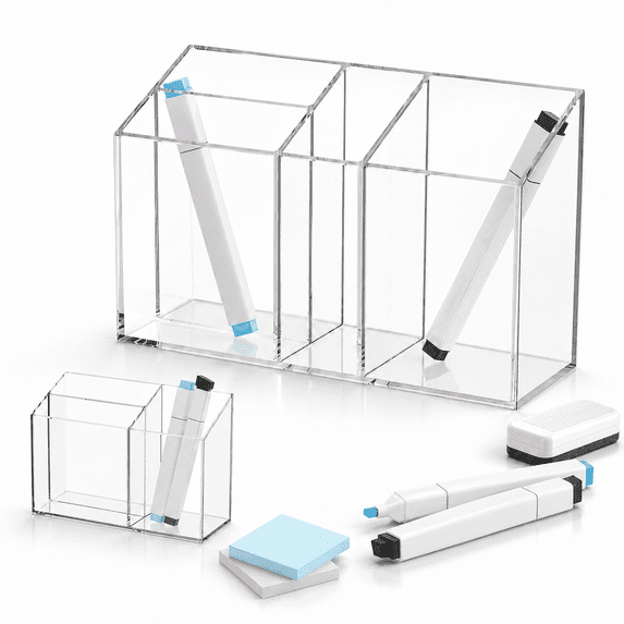 Magnetic Dry Erase Marker Holder, Clear Acrylic Whiteboard Marker Organizer with 4 Compartments, Magnetic Pen Holder for Office Classroom Wall Refrigerator Locker Organization