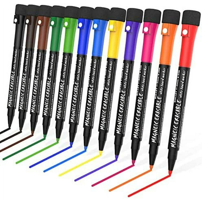 Magnetic Dry Erase Markers Fine: 12 Colors Erasable Whiteboard Markers Fine  Point with Eraser Cap, Low Odor White Board Dry Erase Pens Fine Tip for